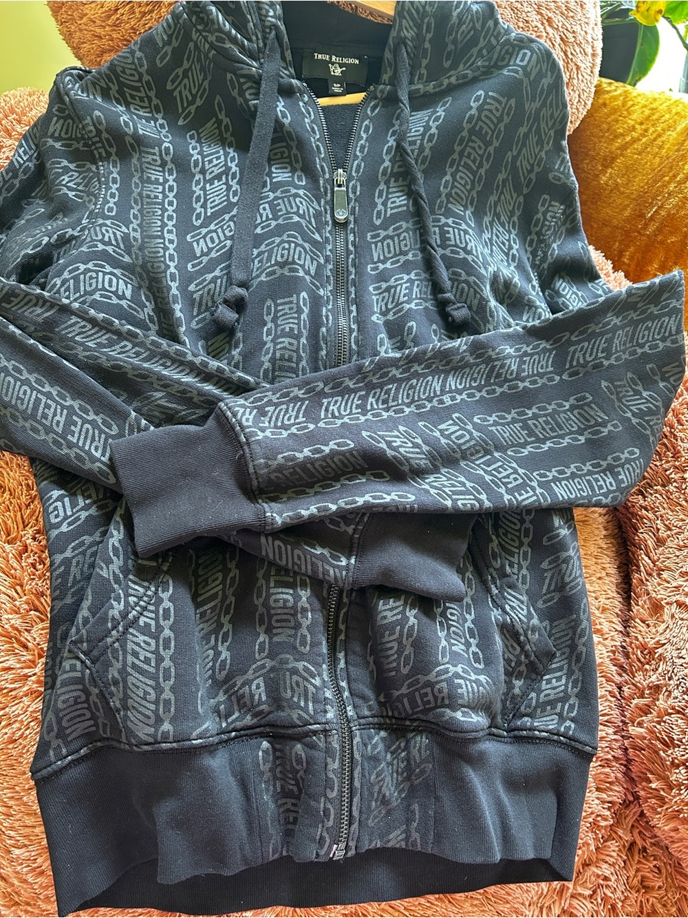 True Religion Black All-Over Logo Zip Hoodie